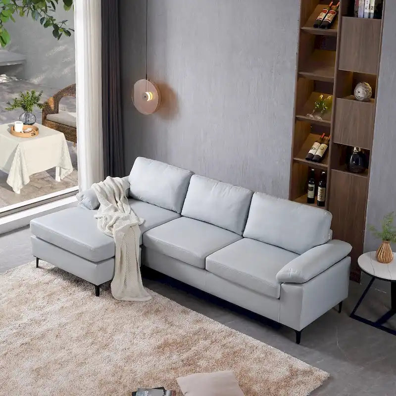Canapé réversible avec méridienne, tissu suédine, pieds en métal, ressorts hélicoïdaux, marron clair/marron/gris/bleu/beige