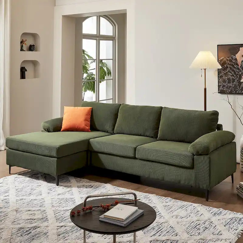 Canapé réversible avec méridienne, tissu suédine, pieds en métal, ressorts hélicoïdaux, marron clair/marron/gris/bleu/beige