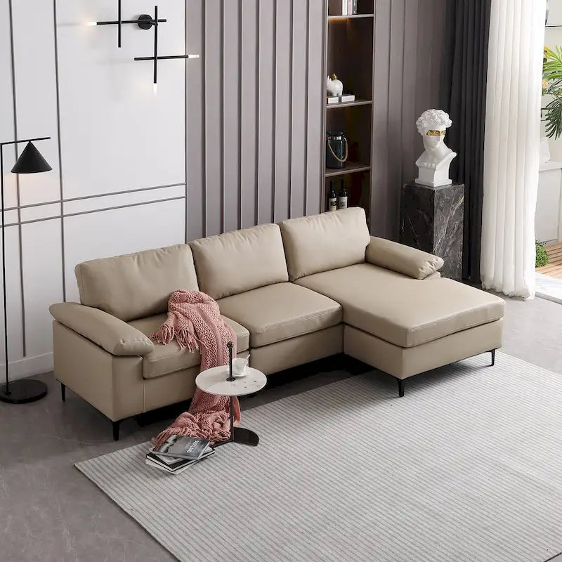 Canapé réversible avec méridienne, tissu suédine, pieds en métal, ressorts hélicoïdaux, marron clair/marron/gris/bleu/beige