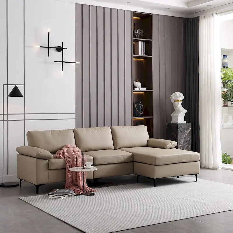 Canapé réversible avec méridienne, tissu suédine, pieds en métal, ressorts hélicoïdaux, marron clair/marron/gris/bleu/beige