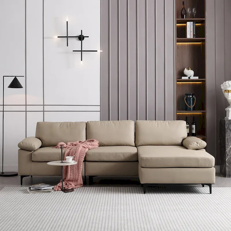 Canapé réversible avec méridienne, tissu suédine, pieds en métal, ressorts hélicoïdaux, marron clair/marron/gris/bleu/beige