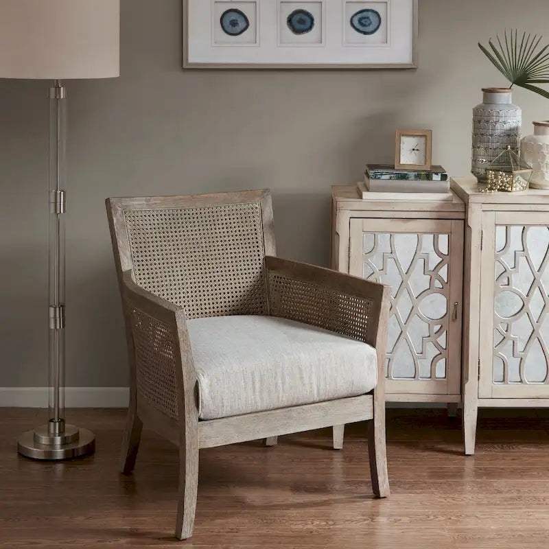 Fauteuil d'appoint en rotin, crème/beige/noir, cadre en bois, style ferme, 1 place