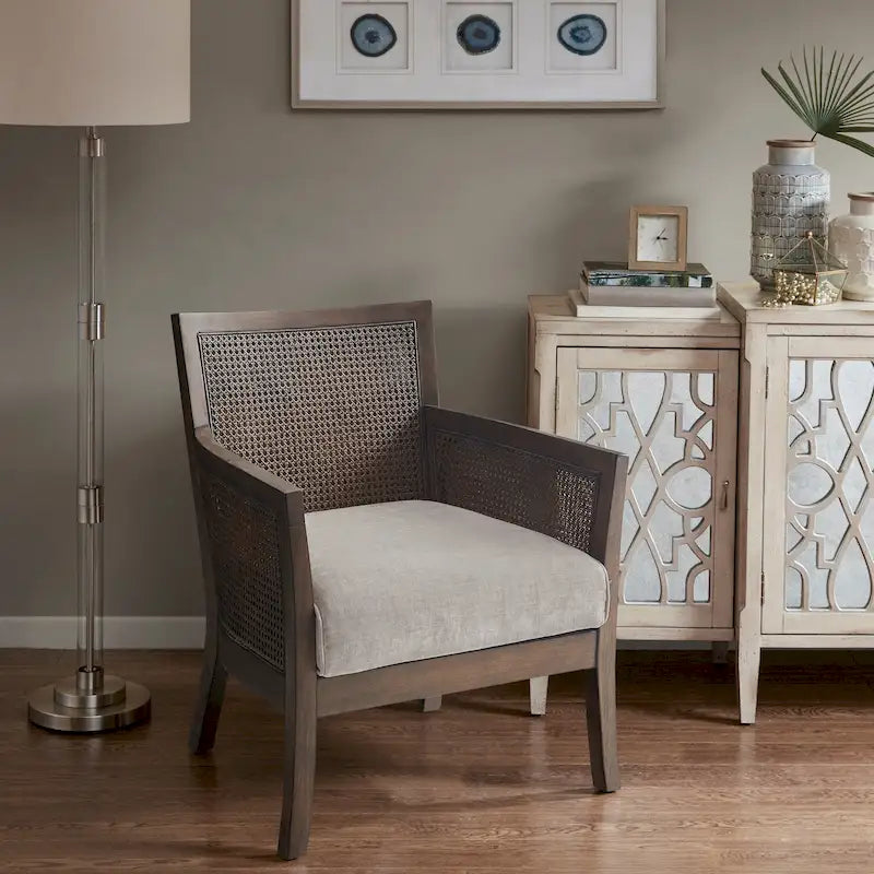 Fauteuil d'appoint en rotin, crème/beige/noir, cadre en bois, style ferme, 1 place