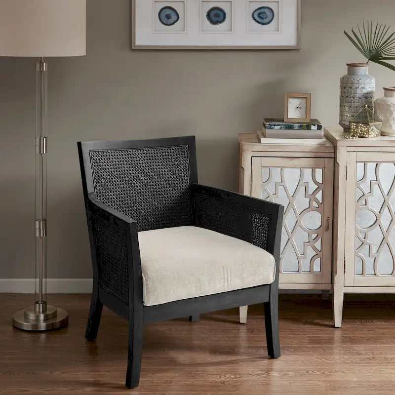 Fauteuil d'appoint en rotin, crème/beige/noir, cadre en bois, style ferme, 1 place