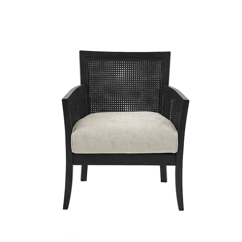 Fauteuil d'appoint en rotin, crème/beige/noir, cadre en bois, style ferme, 1 place