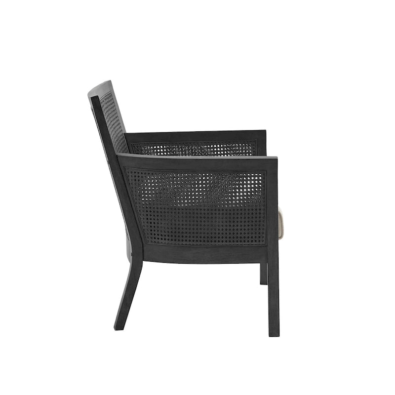Fauteuil d'appoint en rotin, crème/beige/noir, cadre en bois, style ferme, 1 place