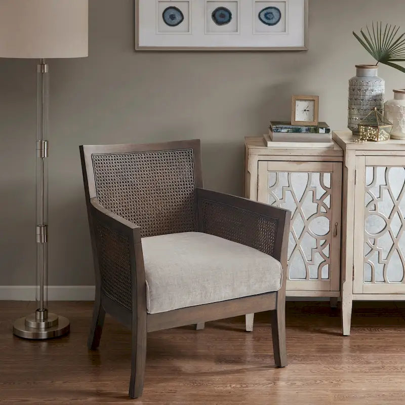 Fauteuil d'appoint en rotin, crème/beige/noir, cadre en bois, style ferme, 1 place