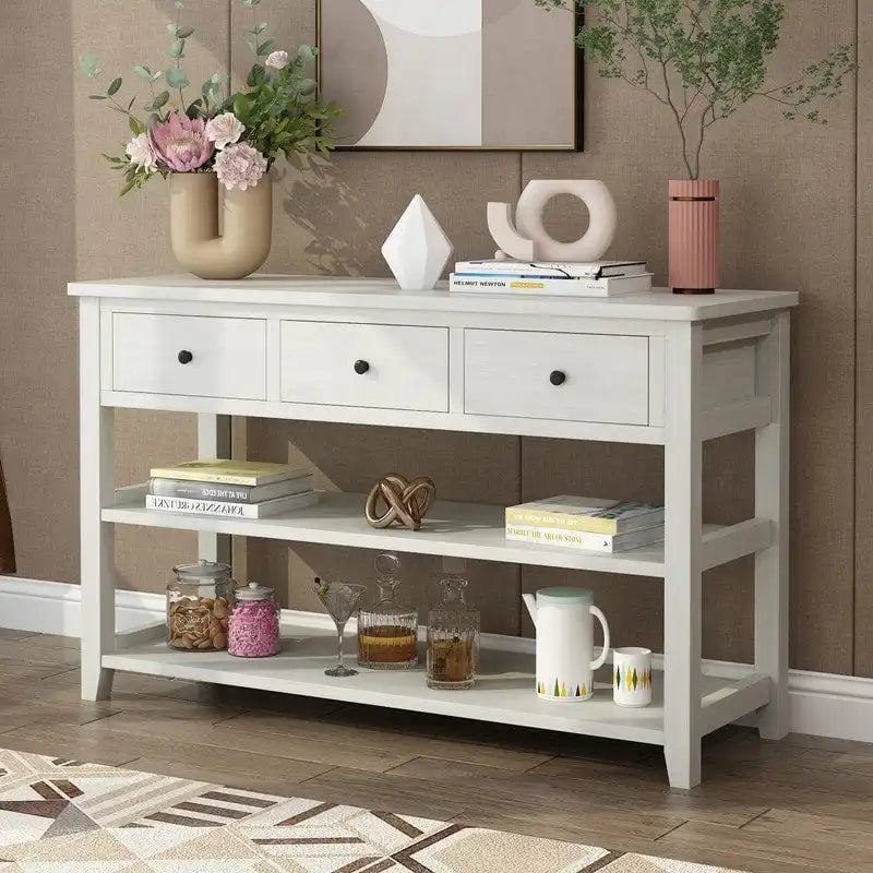 Console, Brun/Beige lavé, 4 tiroirs et 2 étagères, MDF, 119 cm