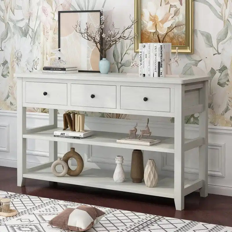 Console, Brun/Beige lavé, 4 tiroirs et 2 étagères, MDF, 119 cm