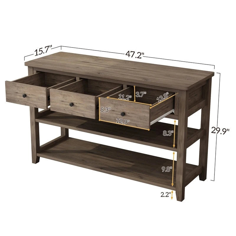 Console, Brun/Beige lavé, 4 tiroirs et 2 étagères, MDF, 119 cm