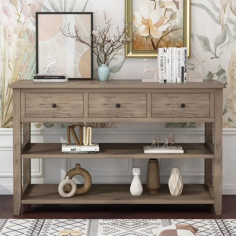 Console, Brun/Beige lavé, 4 tiroirs et 2 étagères, MDF, 119 cm