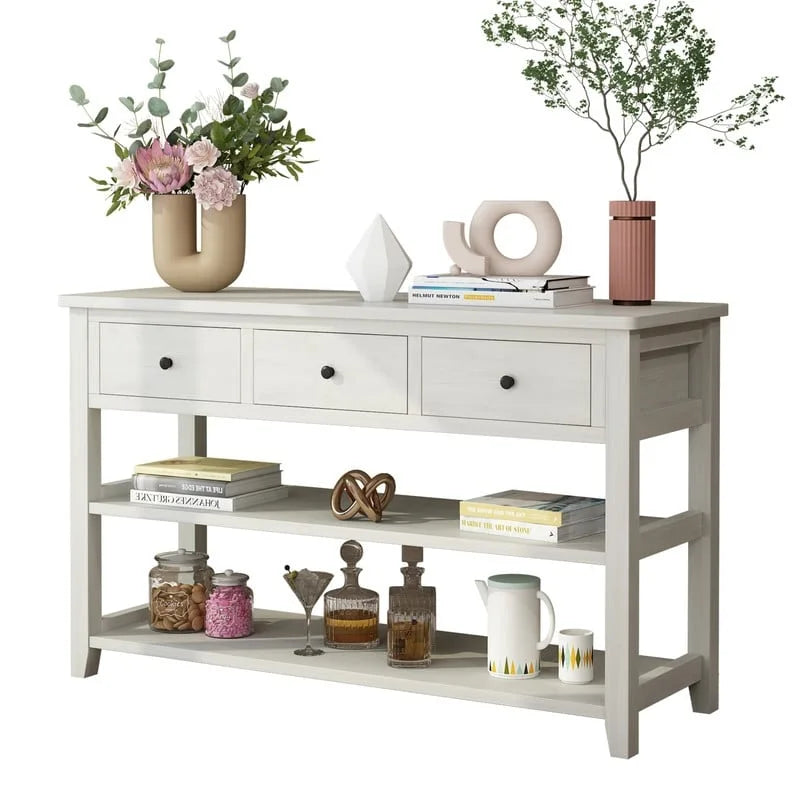 Console, Brun/Beige lavé, 4 tiroirs et 2 étagères, MDF, 119 cm