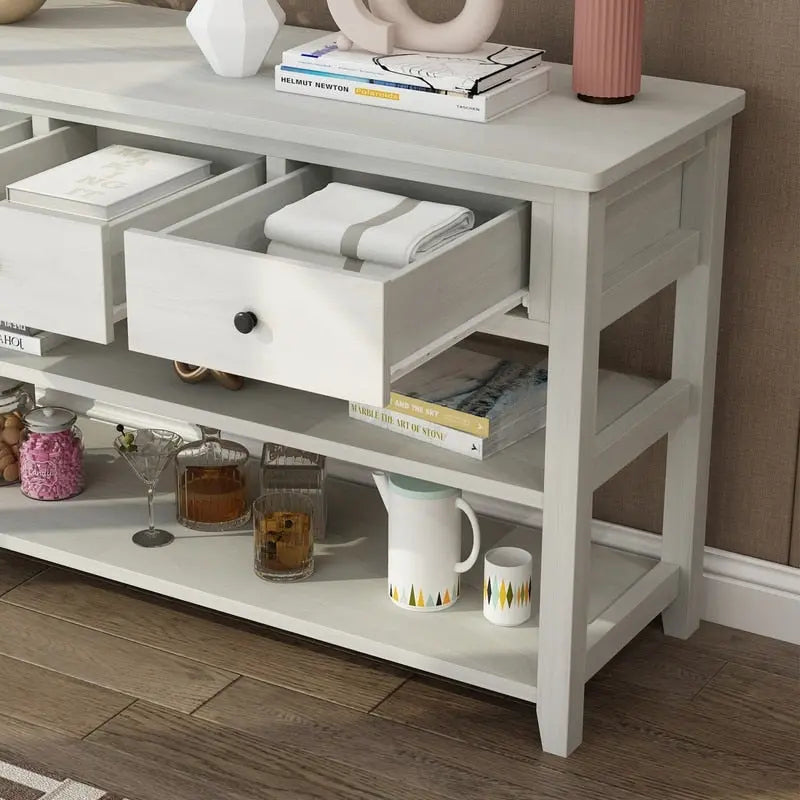Console, Brun/Beige lavé, 4 tiroirs et 2 étagères, MDF, 119 cm