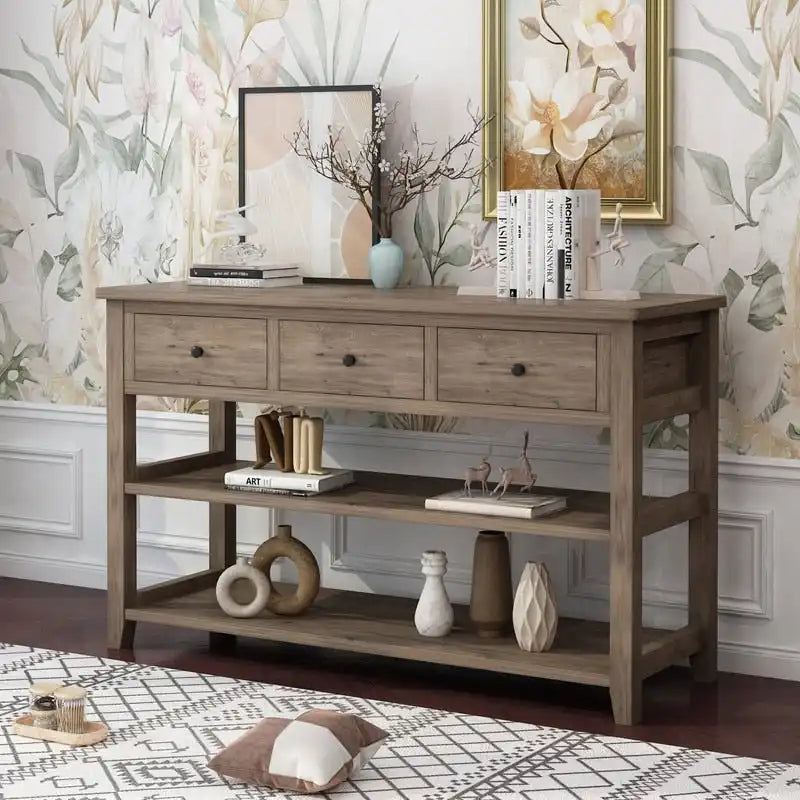 Console, Brun/Beige lavé, 4 tiroirs et 2 étagères, MDF, 119 cm