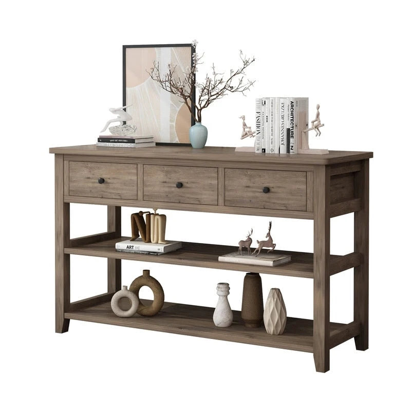 Console, Brun/Beige lavé, 4 tiroirs et 2 étagères, MDF, 119 cm