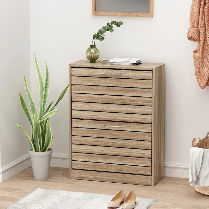 Meuble à chaussures à 2 tiroirs, tiroirs basculants, MDF étanche, 8 à 12 paires, 56,9 cm L x 23,9 cm P x 74,9 cm H, chêne foncé/chêne gris/blanc/bois
