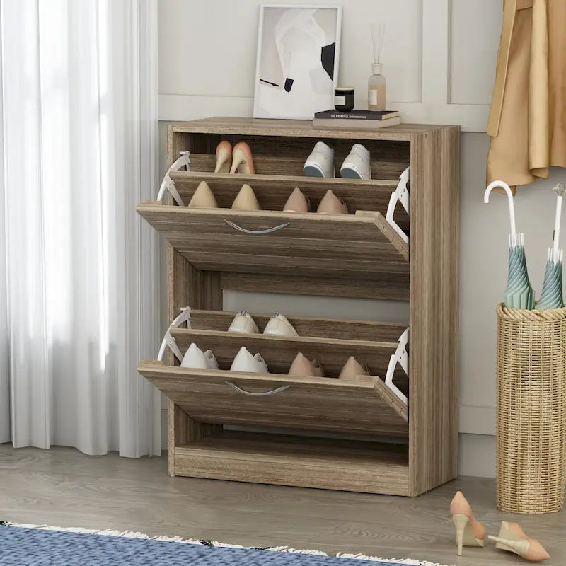 Meuble à chaussures à 2 tiroirs, tiroirs basculants, MDF étanche, 8 à 12 paires, 56,9 cm L x 23,9 cm P x 74,9 cm H, chêne foncé/chêne gris/blanc/bois