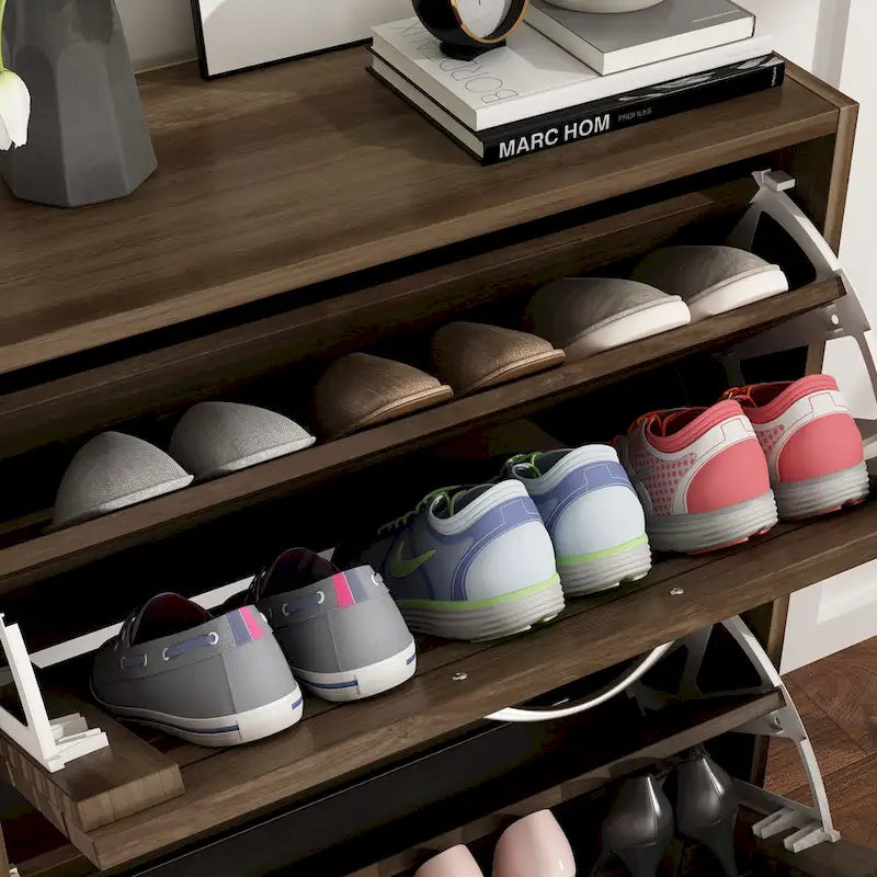 Meuble à chaussures à 2 tiroirs, tiroirs basculants, MDF étanche, 8 à 12 paires, 56,9 cm L x 23,9 cm P x 74,9 cm H, chêne foncé/chêne gris/blanc/bois