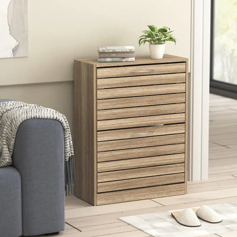 Meuble à chaussures à 2 tiroirs, tiroirs basculants, MDF étanche, 8 à 12 paires, 56,9 cm L x 23,9 cm P x 74,9 cm H, chêne foncé/chêne gris/blanc/bois