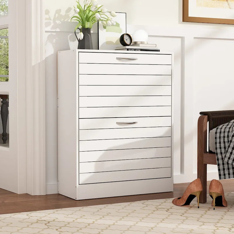 Meuble à chaussures à 2 tiroirs, tiroirs basculants, MDF étanche, 8 à 12 paires, 56,9 cm L x 23,9 cm P x 74,9 cm H, chêne foncé/chêne gris/blanc/bois