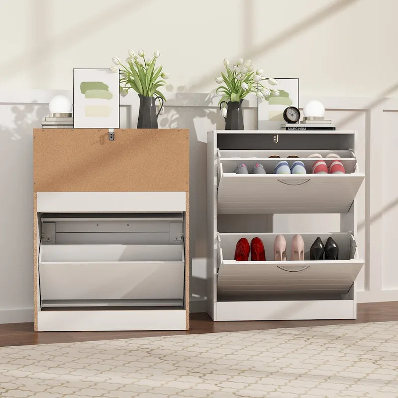 Meuble à chaussures à 2 tiroirs, tiroirs basculants, MDF étanche, 8 à 12 paires, 56,9 cm L x 23,9 cm P x 74,9 cm H, chêne foncé/chêne gris/blanc/bois