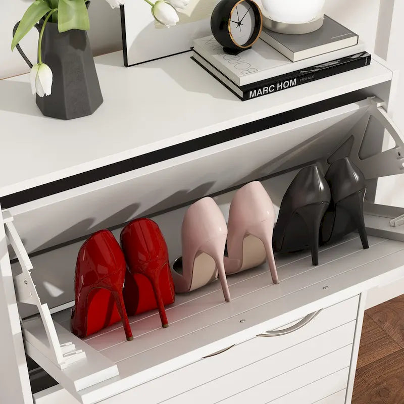 Meuble à chaussures à 2 tiroirs, tiroirs basculants, MDF étanche, 8 à 12 paires, 56,9 cm L x 23,9 cm P x 74,9 cm H, chêne foncé/chêne gris/blanc/bois