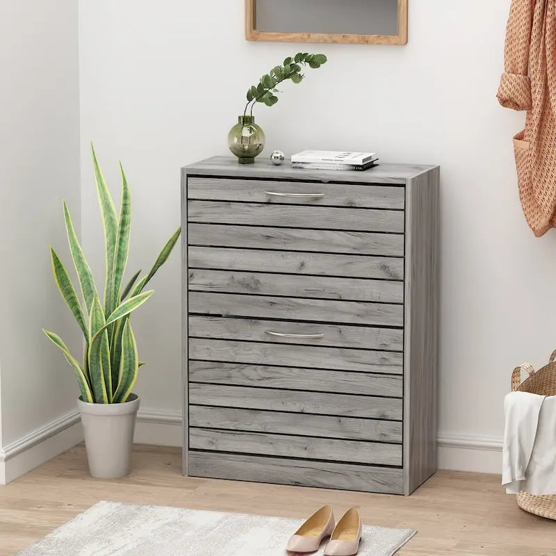 Meuble à chaussures à 2 tiroirs, tiroirs basculants, MDF étanche, 8 à 12 paires, 56,9 cm L x 23,9 cm P x 74,9 cm H, chêne foncé/chêne gris/blanc/bois