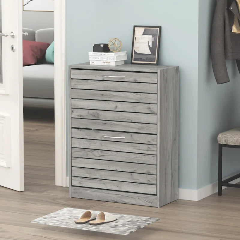 Meuble à chaussures à 2 tiroirs, tiroirs basculants, MDF étanche, 8 à 12 paires, 56,9 cm L x 23,9 cm P x 74,9 cm H, chêne foncé/chêne gris/blanc/bois