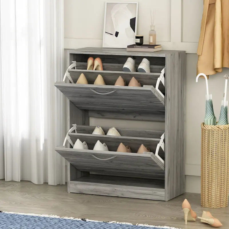 Meuble à chaussures à 2 tiroirs, tiroirs basculants, MDF étanche, 8 à 12 paires, 56,9 cm L x 23,9 cm P x 74,9 cm H, chêne foncé/chêne gris/blanc/bois