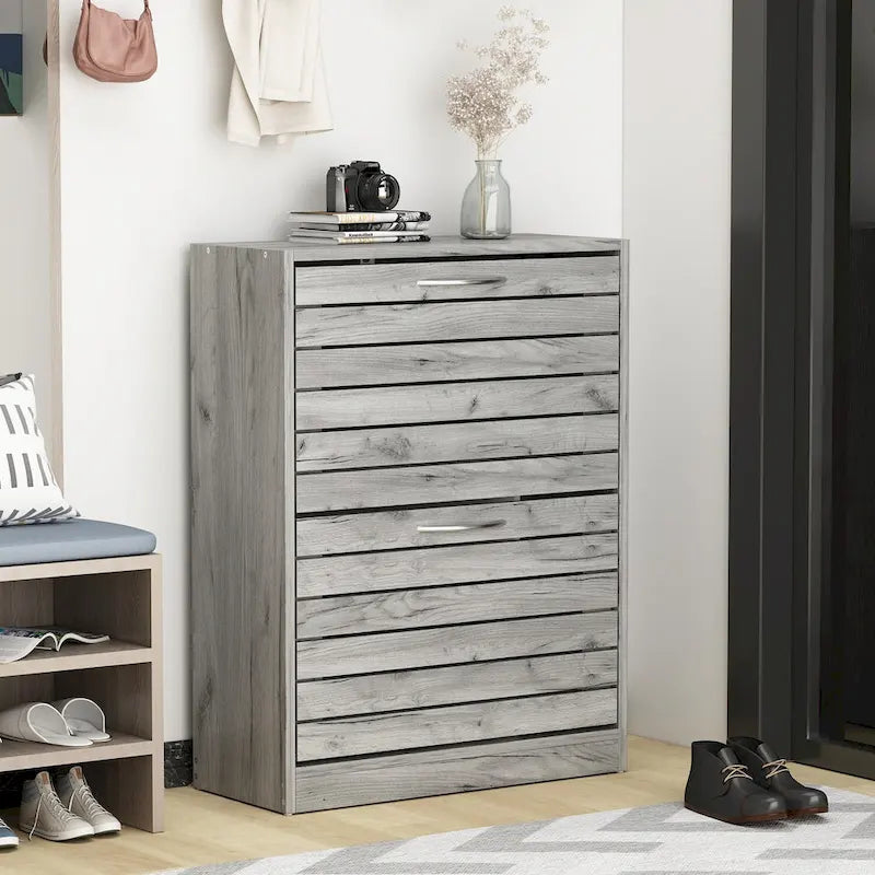 Meuble à chaussures à 2 tiroirs, tiroirs basculants, MDF étanche, 8 à 12 paires, 56,9 cm L x 23,9 cm P x 74,9 cm H, chêne foncé/chêne gris/blanc/bois