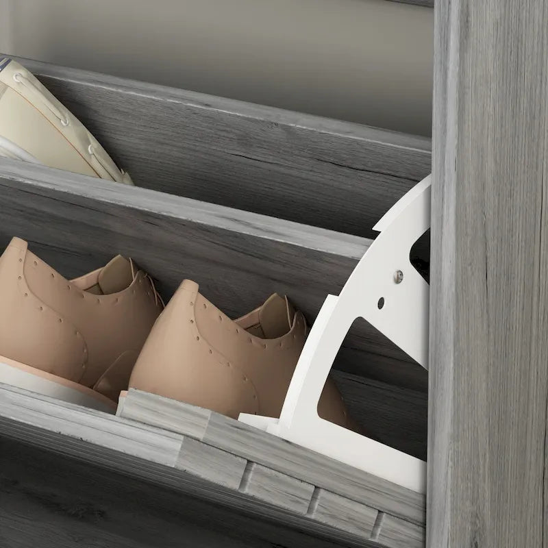 Meuble à chaussures à 2 tiroirs, tiroirs basculants, MDF étanche, 8 à 12 paires, 56,9 cm L x 23,9 cm P x 74,9 cm H, chêne foncé/chêne gris/blanc/bois