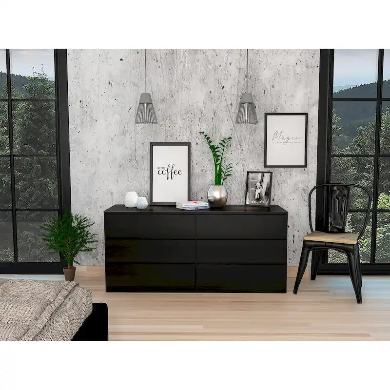 Commode 6 tiroirs, Noir/Blanc/Gris clair/Chêne clair, Glissières métalliques, Moderne
