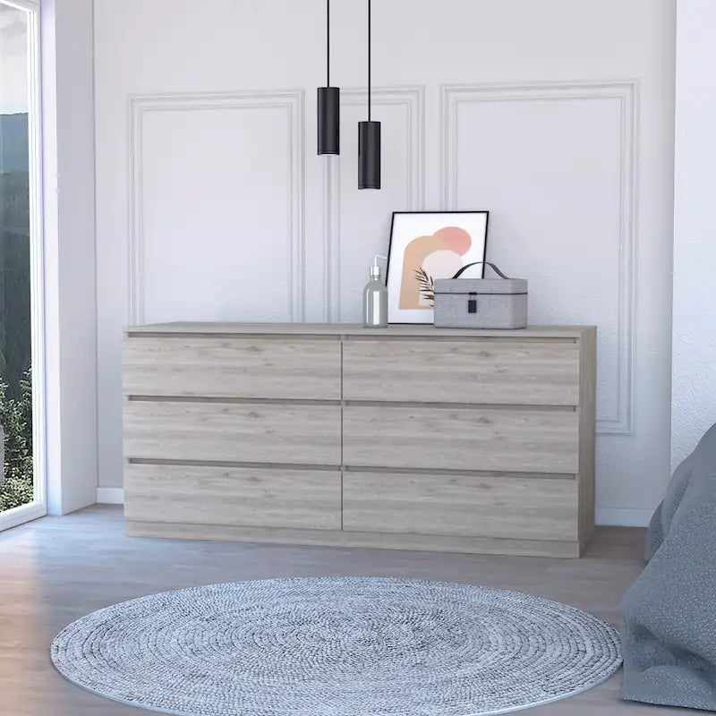 Commode 6 tiroirs, Noir/Blanc/Gris clair/Chêne clair, Glissières métalliques, Moderne