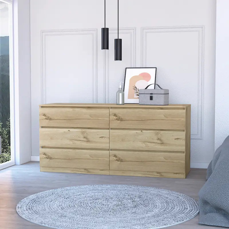 Commode 6 tiroirs, Noir/Blanc/Gris clair/Chêne clair, Glissières métalliques, Moderne