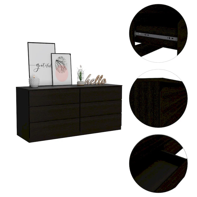 Commode 6 tiroirs, Noir/Blanc/Gris clair/Chêne clair, Glissières métalliques, Moderne