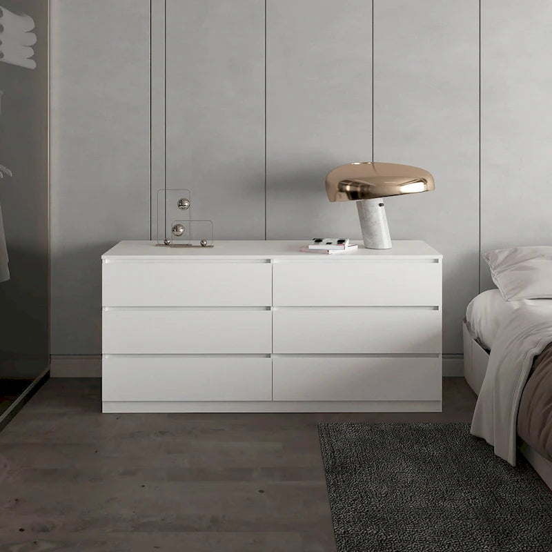 Commode 6 tiroirs, Noir/Blanc/Gris clair/Chêne clair, Glissières métalliques, Moderne