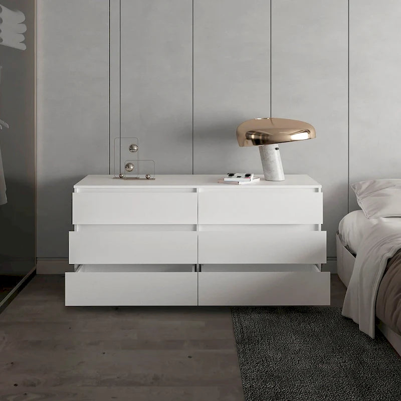 Commode 6 tiroirs, Noir/Blanc/Gris clair/Chêne clair, Glissières métalliques, Moderne