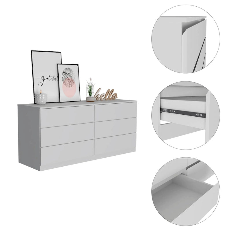 Commode 6 tiroirs, Noir/Blanc/Gris clair/Chêne clair, Glissières métalliques, Moderne
