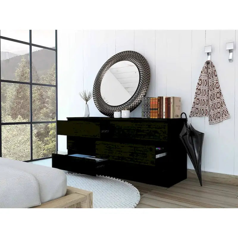 Commode 6 tiroirs, Noir/Blanc/Gris clair/Chêne clair, Glissières métalliques, Moderne