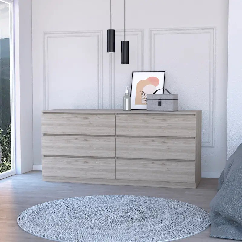 Commode 6 tiroirs, Noir/Blanc/Gris clair/Chêne clair, Glissières métalliques, Moderne
