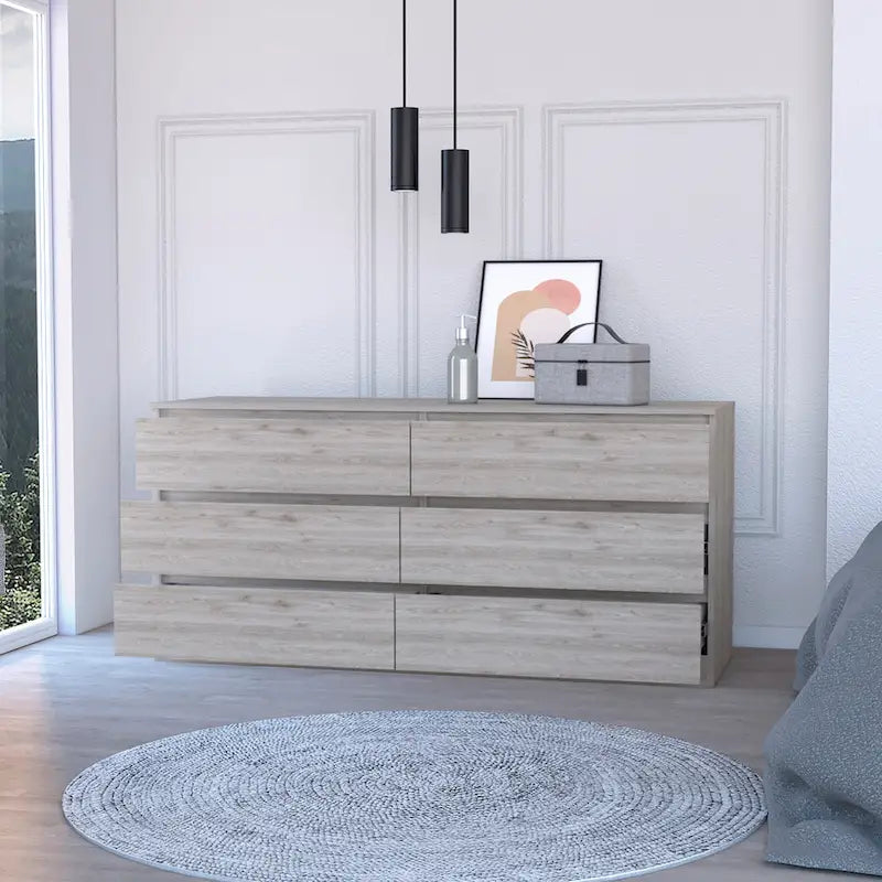 Commode 6 tiroirs, Noir/Blanc/Gris clair/Chêne clair, Glissières métalliques, Moderne