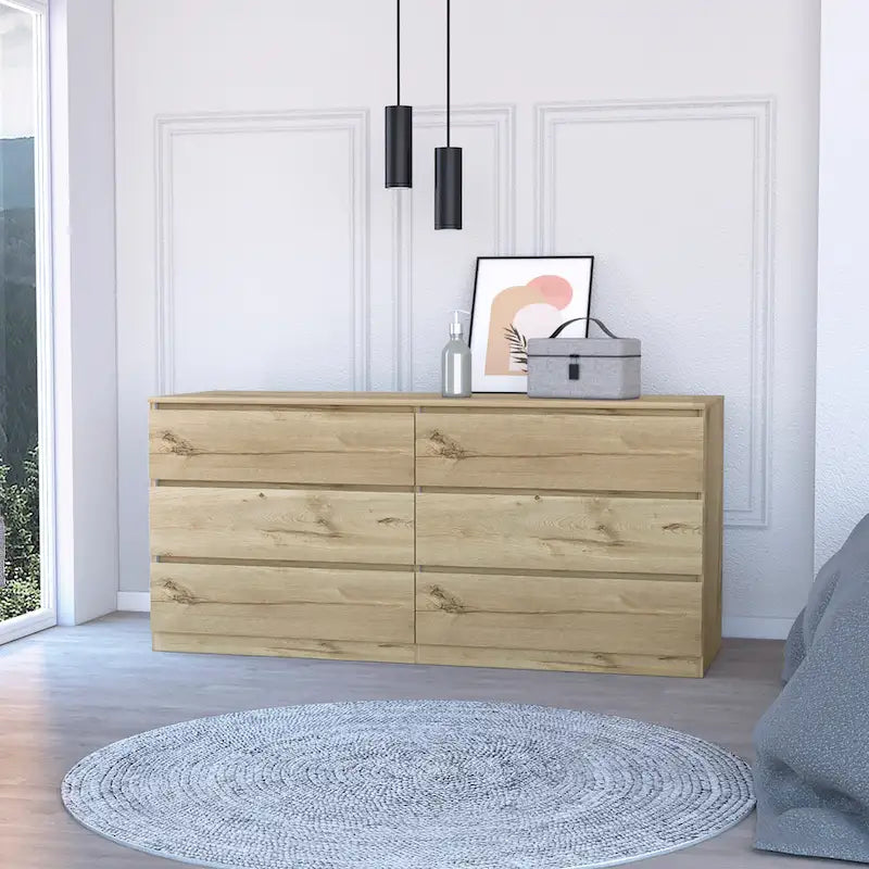 Commode 6 tiroirs, Noir/Blanc/Gris clair/Chêne clair, Glissières métalliques, Moderne
