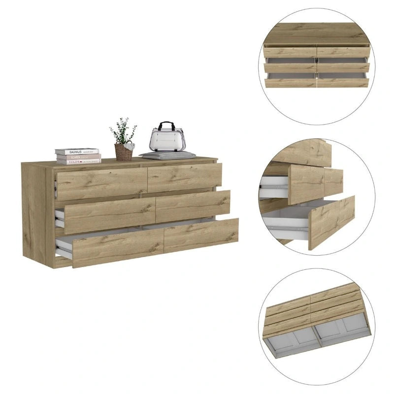 Commode 6 tiroirs, Noir/Blanc/Gris clair/Chêne clair, Glissières métalliques, Moderne