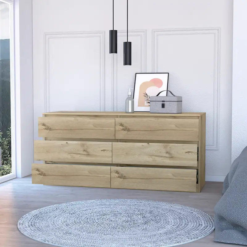 Commode 6 tiroirs, Noir/Blanc/Gris clair/Chêne clair, Glissières métalliques, Moderne