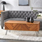 Table basse avec 2 tiroirs, chêne, motif chevron, style Mid-Century, placage acacia