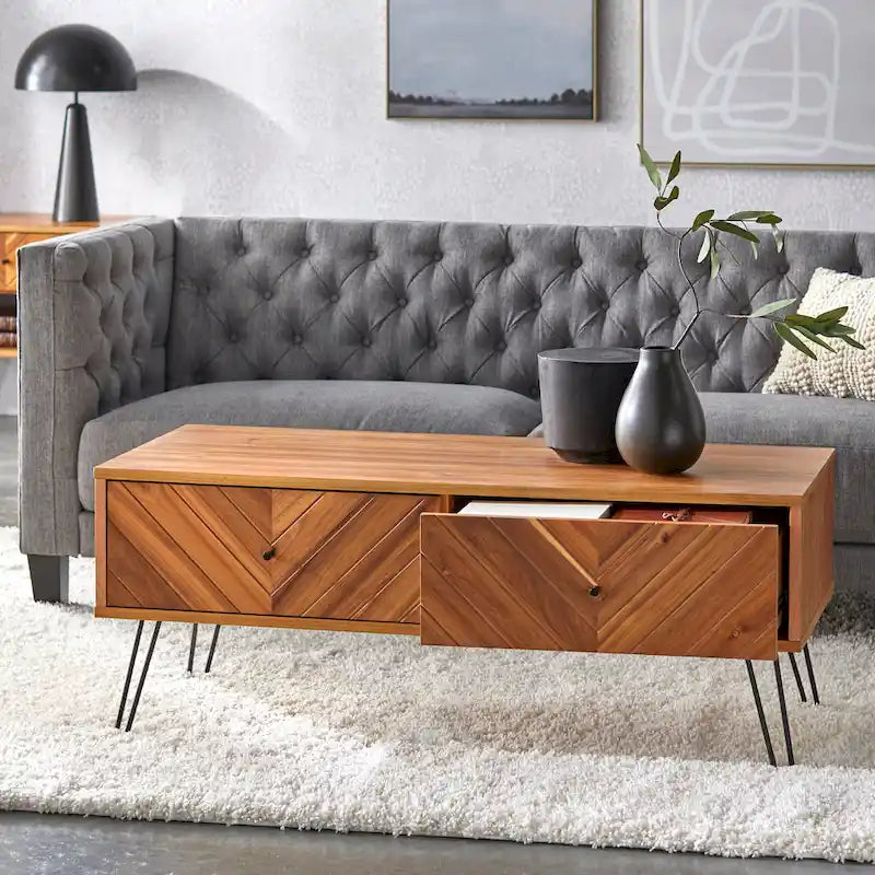 Table basse avec 2 tiroirs, chêne, motif chevron, style Mid-Century, placage acacia