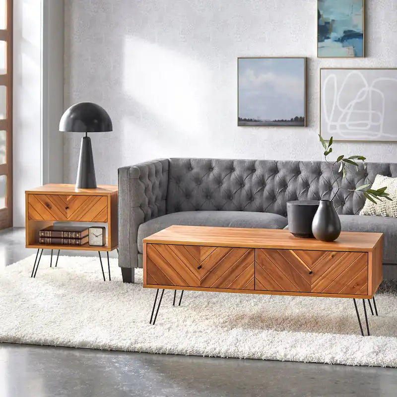 Table basse avec 2 tiroirs, chêne, motif chevron, style Mid-Century, placage acacia