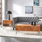 Table basse avec 2 tiroirs, chêne, motif chevron, style Mid-Century, placage acacia