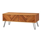 Table basse avec 2 tiroirs, chêne, motif chevron, style Mid-Century, placage acacia