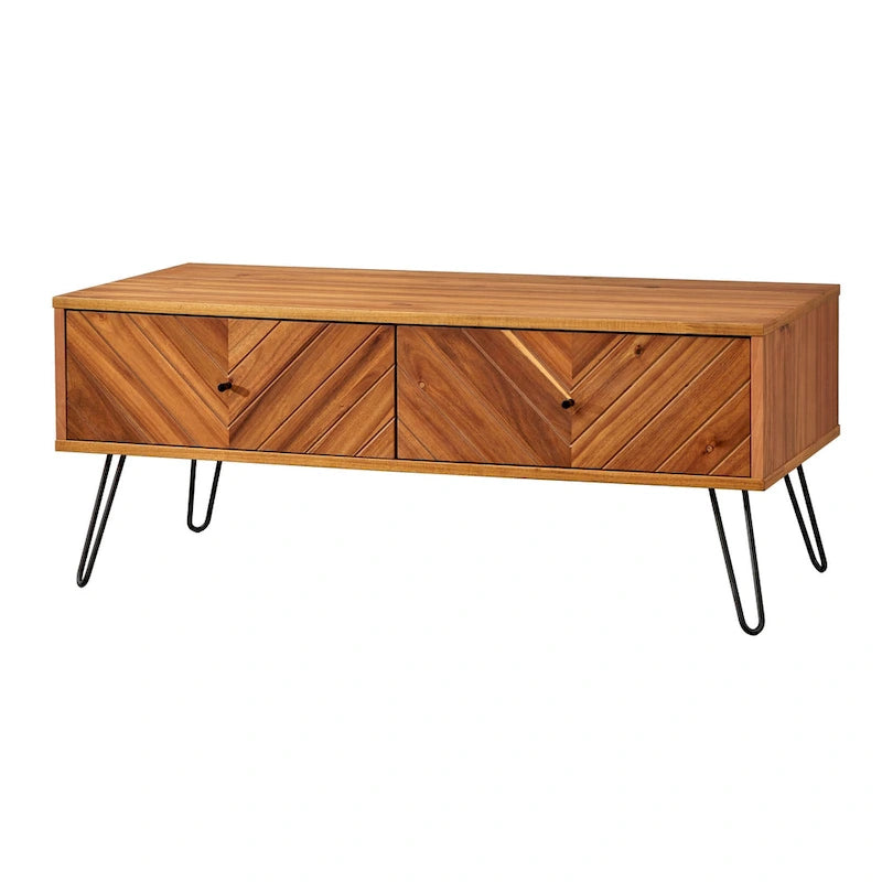 Table basse avec 2 tiroirs, chêne, motif chevron, style Mid-Century, placage acacia